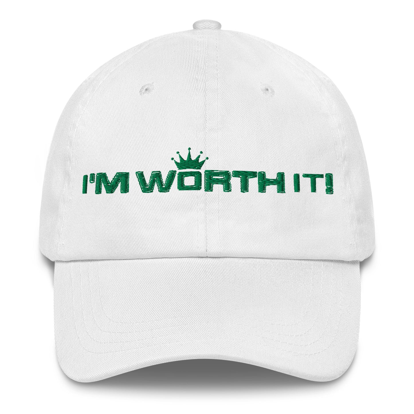 White embroidered “I’m Worth It” hat from One Believer — minimalist Christian cap symbolizing faith, confidence, and self-worth.
