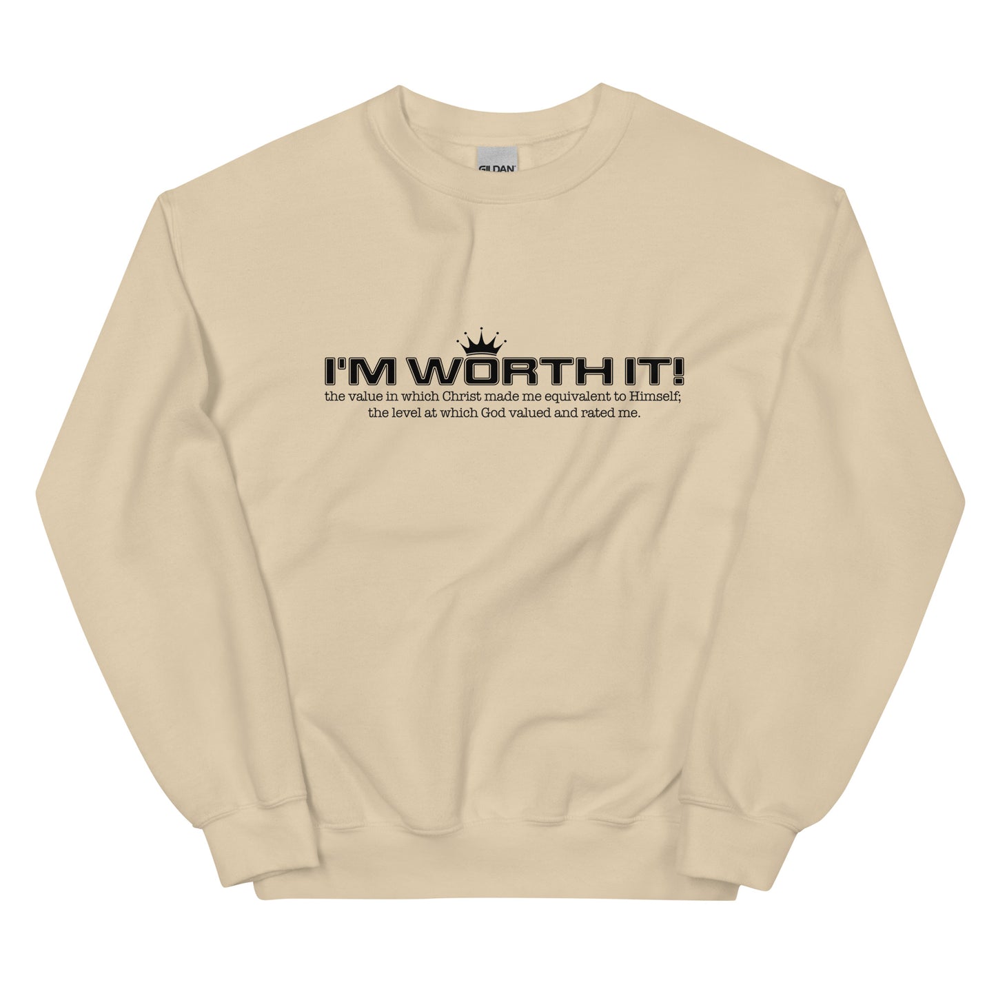 Unisex “I’m Worth It” sweatshirt in sand from One Believer — bold Christian streetwear reminding believers of their God-given worth.