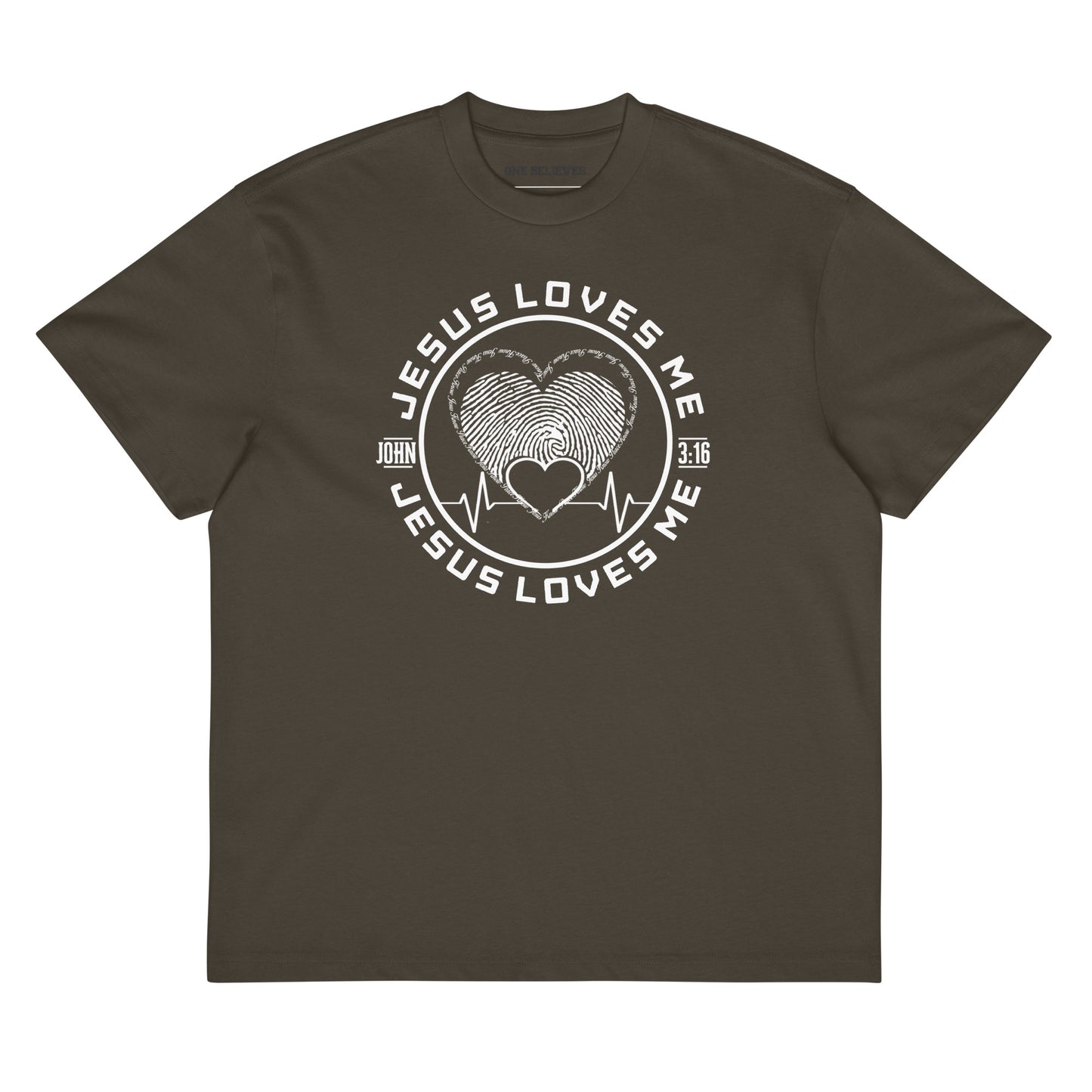 Box Tee vintage black “Jesus Loves Me” tee from One Believer — inspirational Christian shirt spreading faith through everyday fashion.