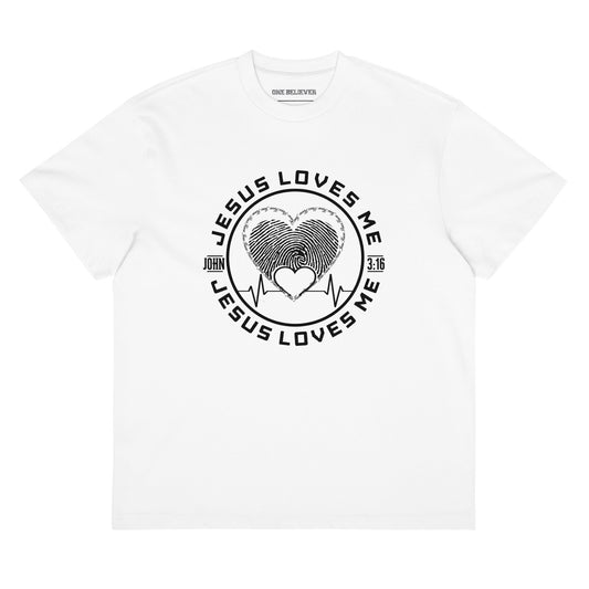 Box Tee white “Jesus Loves Me” tee from One Believer — inspirational Christian shirt spreading faith through everyday fashion.