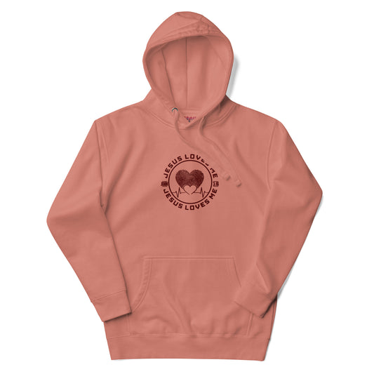 Embroidered unisex “Jesus Loves Me” hoodie in dusty rose from One Believer — soft Christian streetwear made for believers who live their faith out loud.