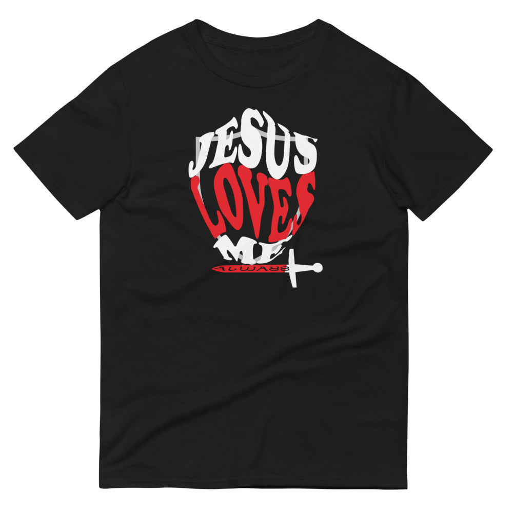Unisex black “Jesus Loves Me” Shield tee from One Believer — inspirational Christian shirt spreading faith through everyday fashion.