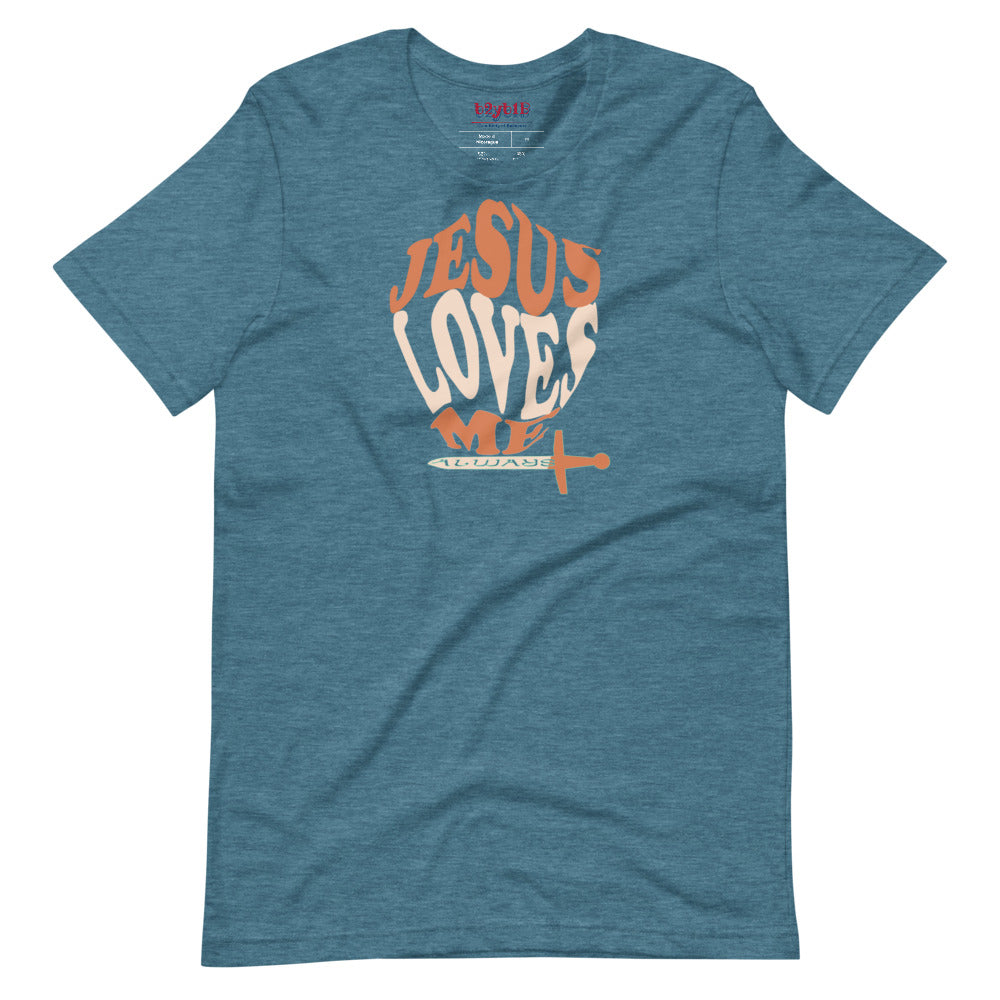 Unisex heather deep teal “Jesus Loves Me” Shield tee from One Believer — inspirational Christian shirt spreading faith through everyday fashion.