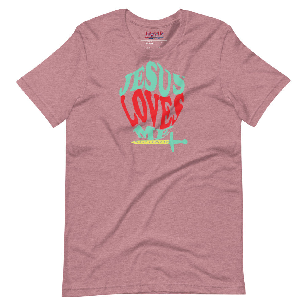 Unisex heather orchid “Jesus Loves Me” Shield tee from One Believer — inspirational Christian shirt spreading faith through everyday fashion.