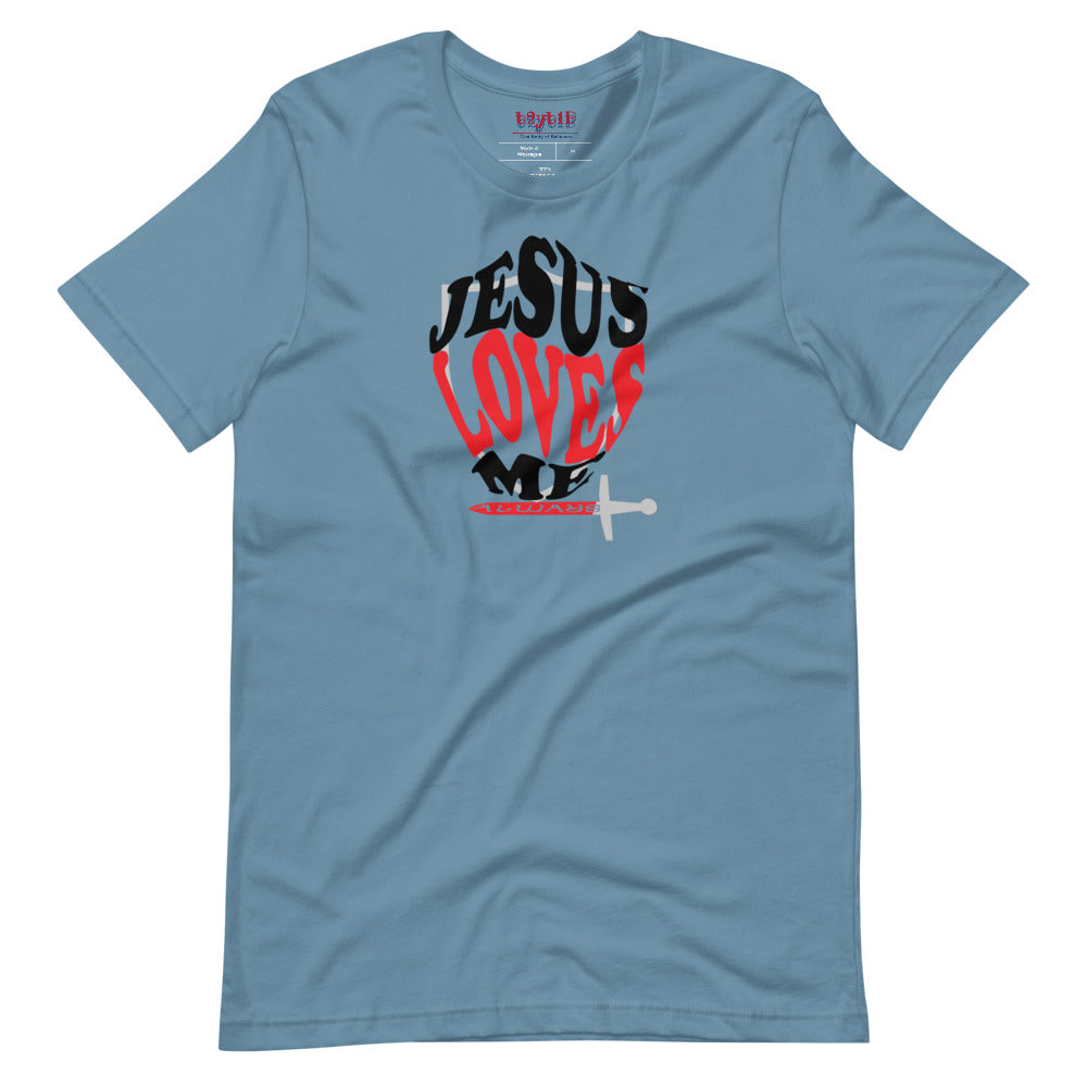 Unisex steel blue “Jesus Loves Me” Shield tee from One Believer — inspirational Christian shirt spreading faith through everyday fashion.