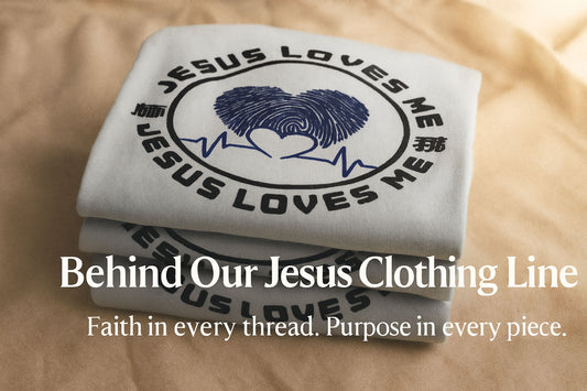 Folded Jesus-themed shirts symbolizing faith-based apparel — “Behind Our Jesus Clothing Line” blog by One Believer LTD.