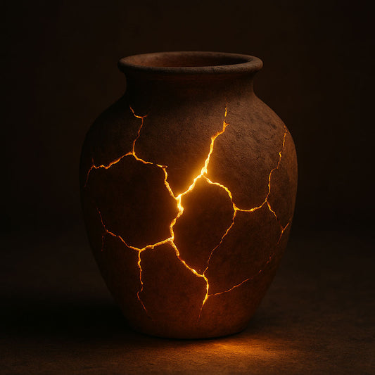 Light shining through a cracked vessel symbolizing Christ revealed within believers — “Revealed in Him” blog by One Believer LTD.