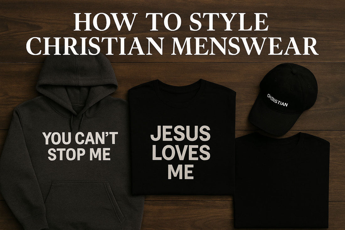 Christian menswear outfit featuring faith-based hoodie, tee, and hat from One Believer LTD.