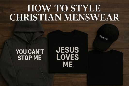 Christian menswear outfit featuring faith-based hoodie, tee, and hat from One Believer LTD.