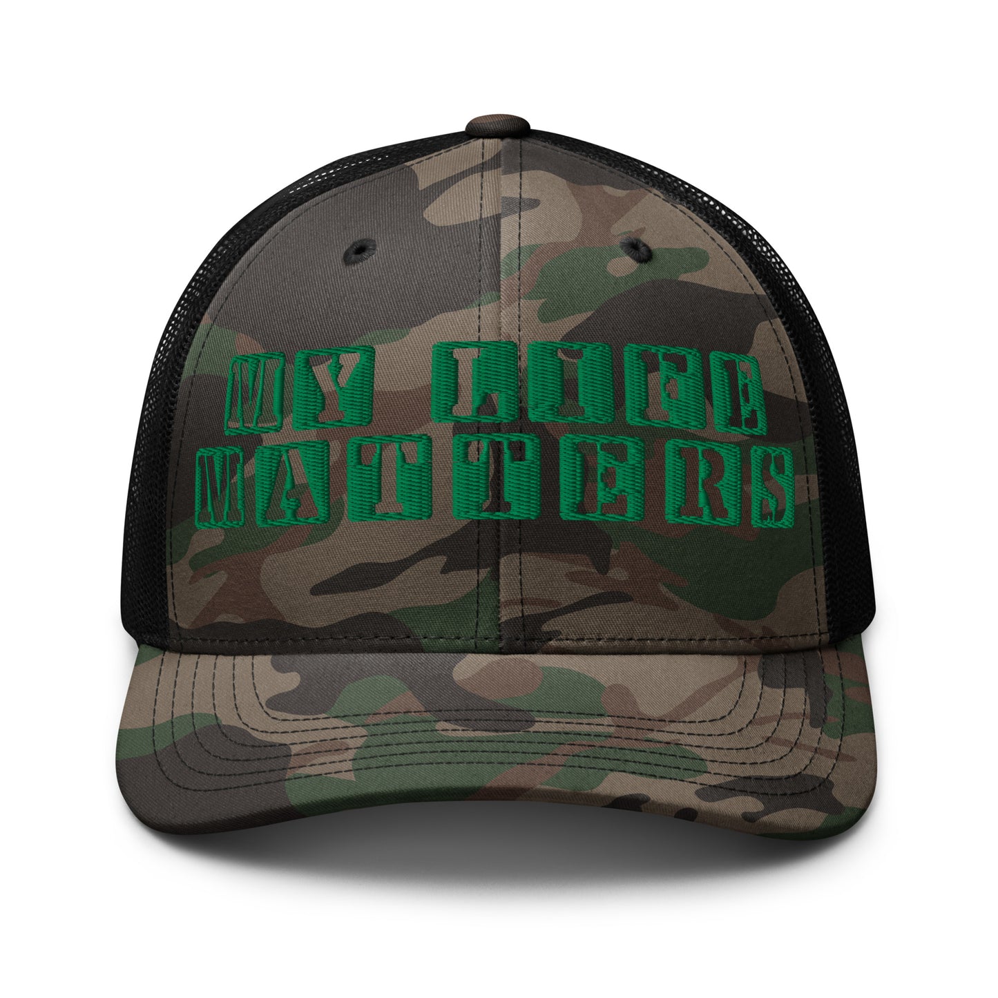 Camo Black embroidered “My Life Matters” hat from One Believer — Christian cap symbolizing faith, dignity, and confidence.