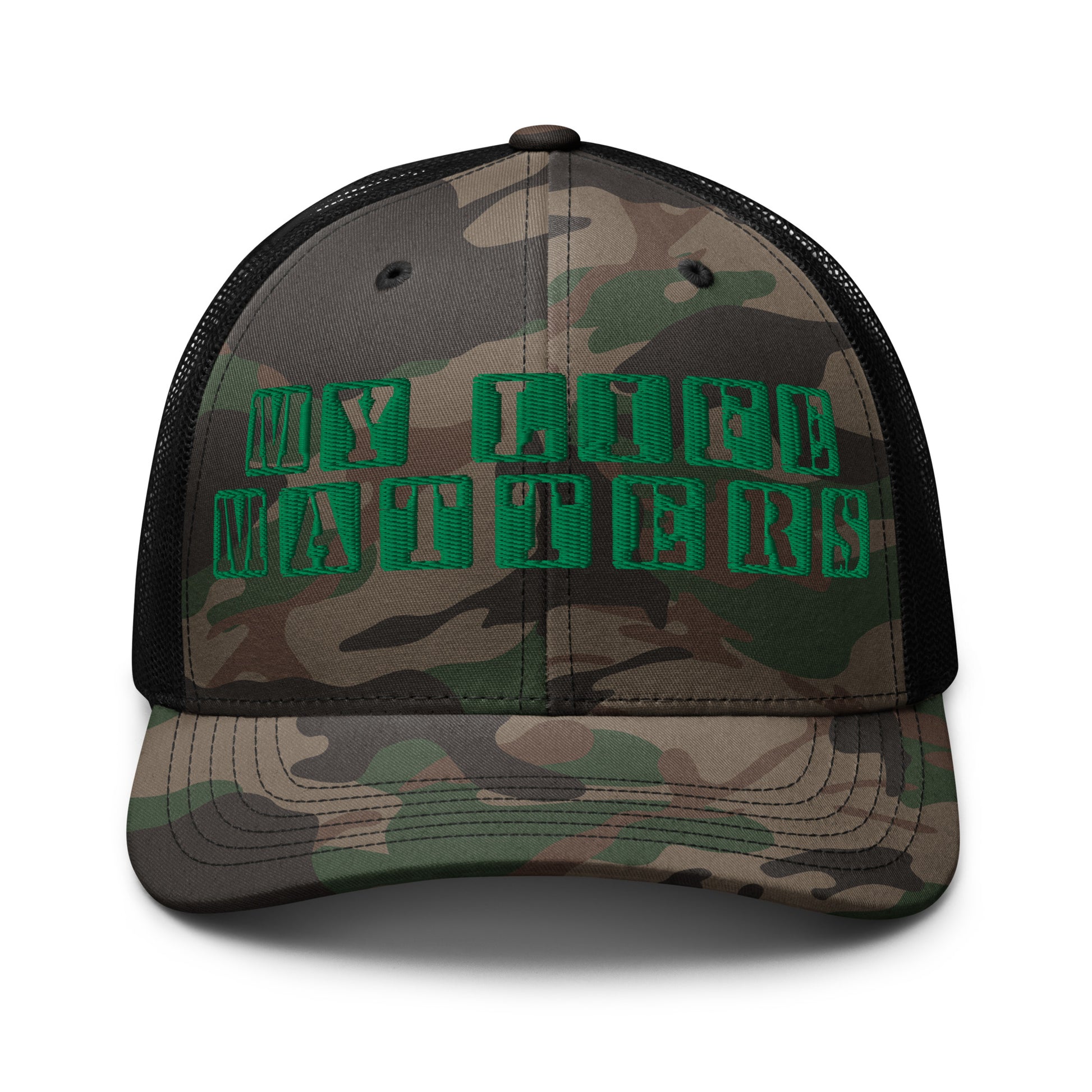 Camo Black embroidered “My Life Matters” hat from One Believer — Christian cap symbolizing faith, dignity, and confidence.