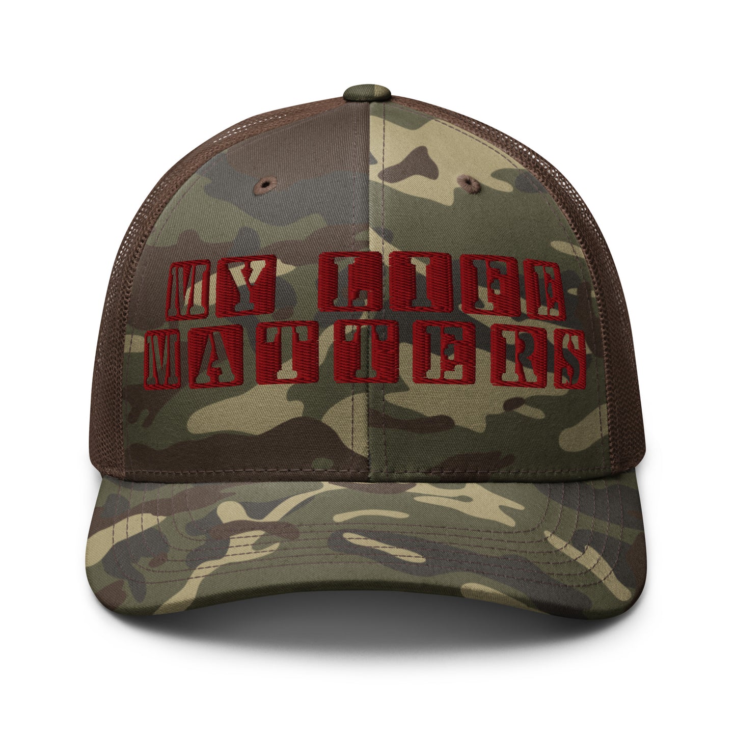 Camo Brown embroidered “My Life Matters” hat from One Believer — Christian cap symbolizing faith, dignity, and confidence.