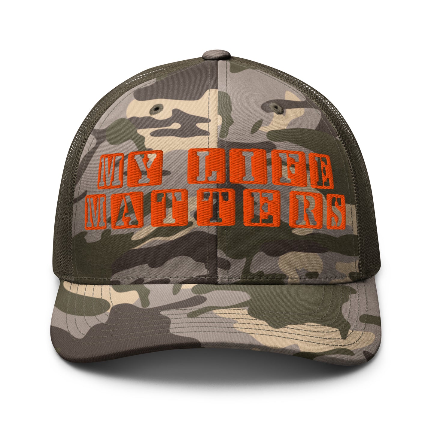 Camo Olive embroidered “My Life Matters” hat from One Believer — Christian cap symbolizing faith, dignity, and confidence.