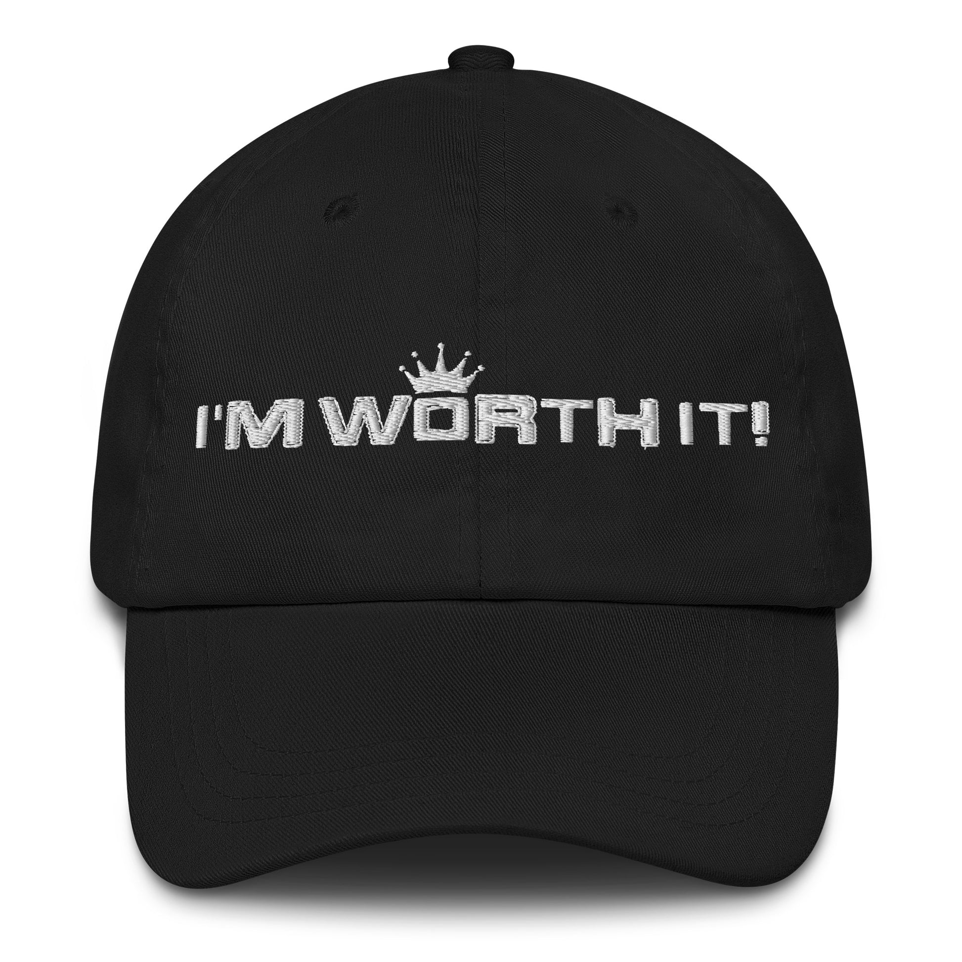 Black embroidered “I’m Worth It” hat from One Believer — minimalist Christian cap symbolizing faith, confidence, and self-worth.