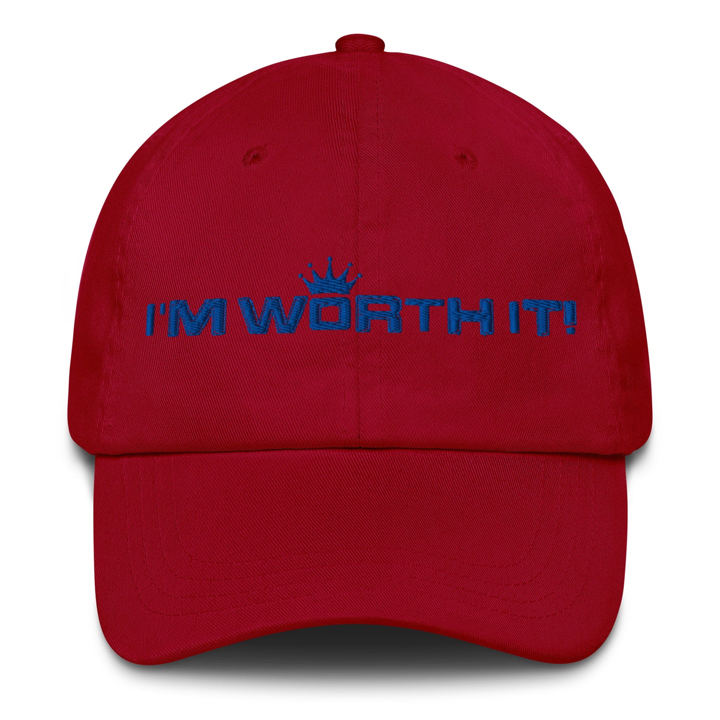 Cranberry embroidered “I’m Worth It” hat from One Believer — minimalist Christian cap symbolizing faith, confidence, and self-worth.
