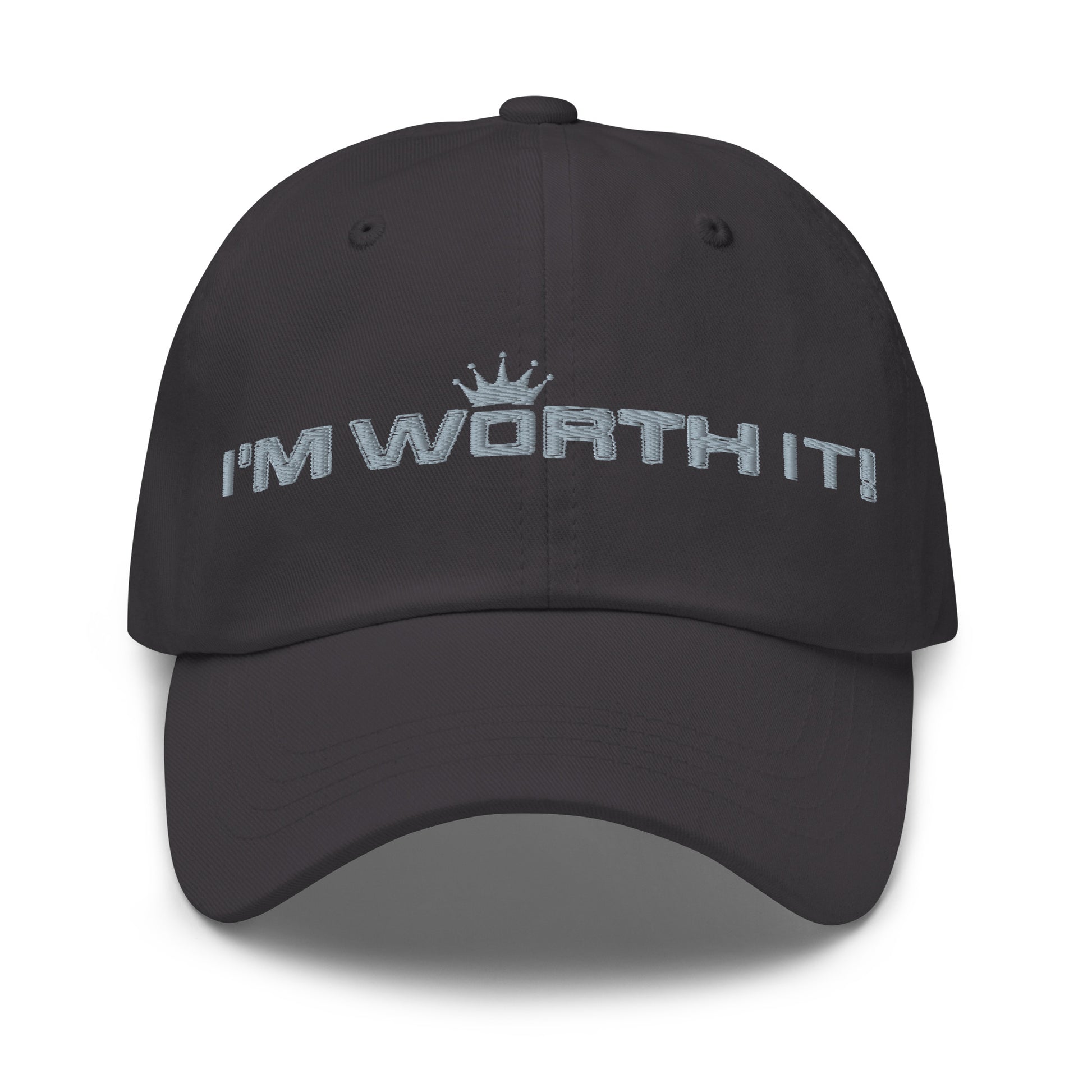 Dark Grey embroidered “I’m Worth It” hat from One Believer — minimalist Christian cap symbolizing faith, confidence, and self-worth.