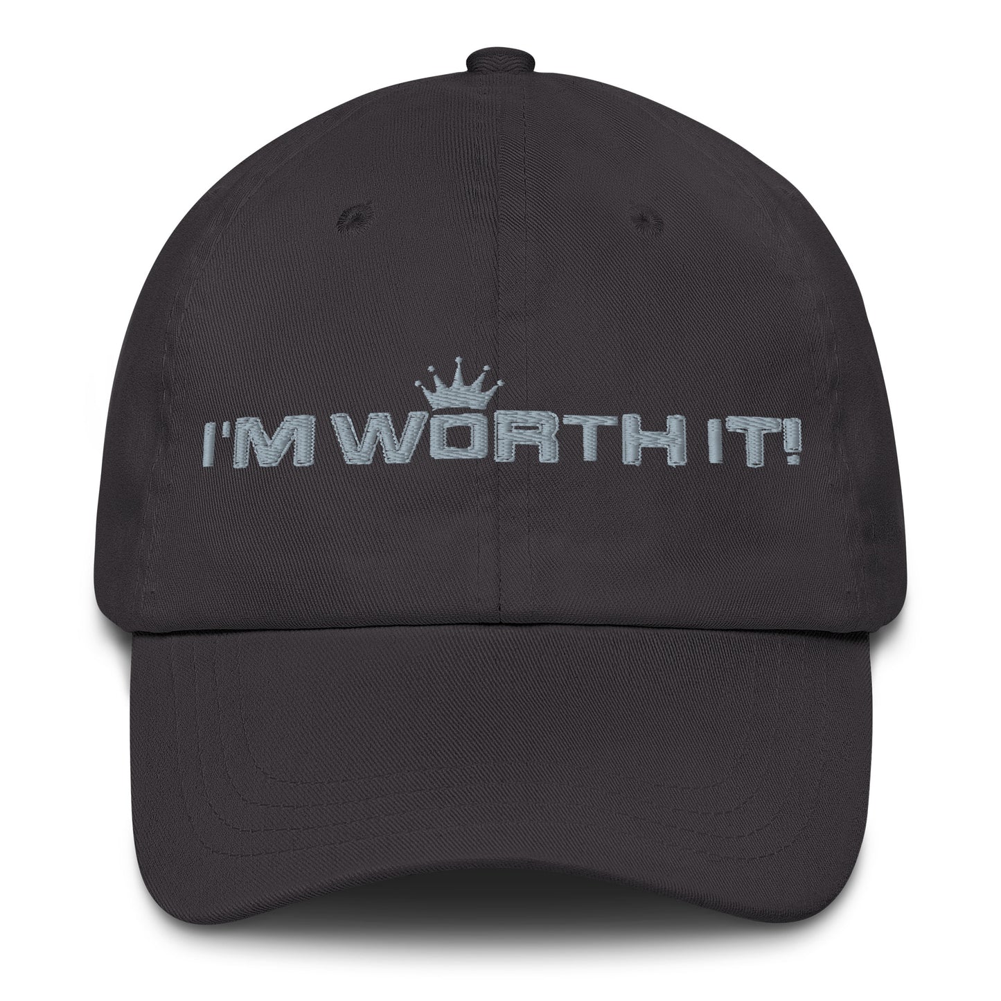 Dark Grey embroidered “I’m Worth It” hat from One Believer — minimalist Christian cap symbolizing faith, confidence, and self-worth.