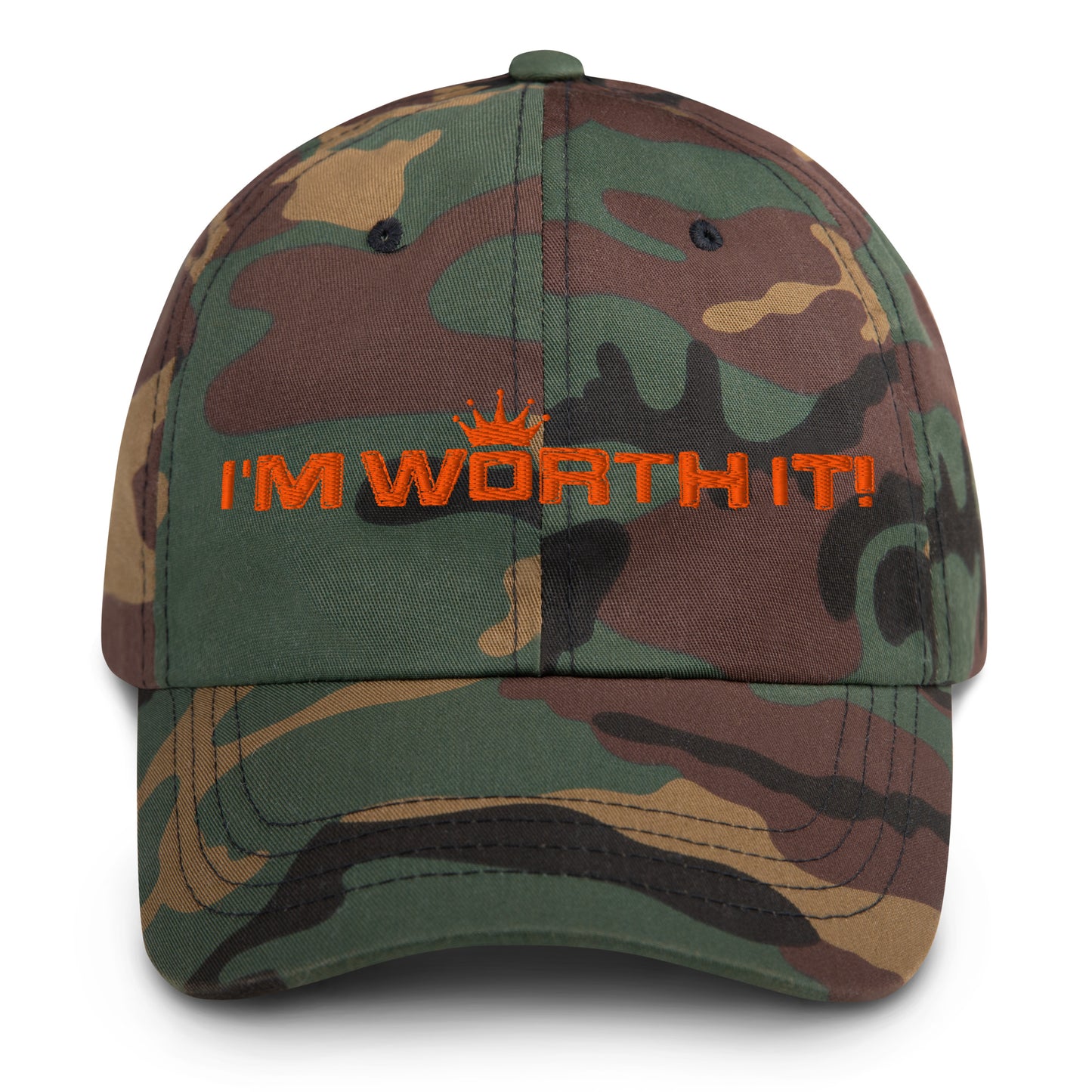Green Camo embroidered “I’m Worth It” hat from One Believer — minimalist Christian cap symbolizing faith, confidence, and self-worth.