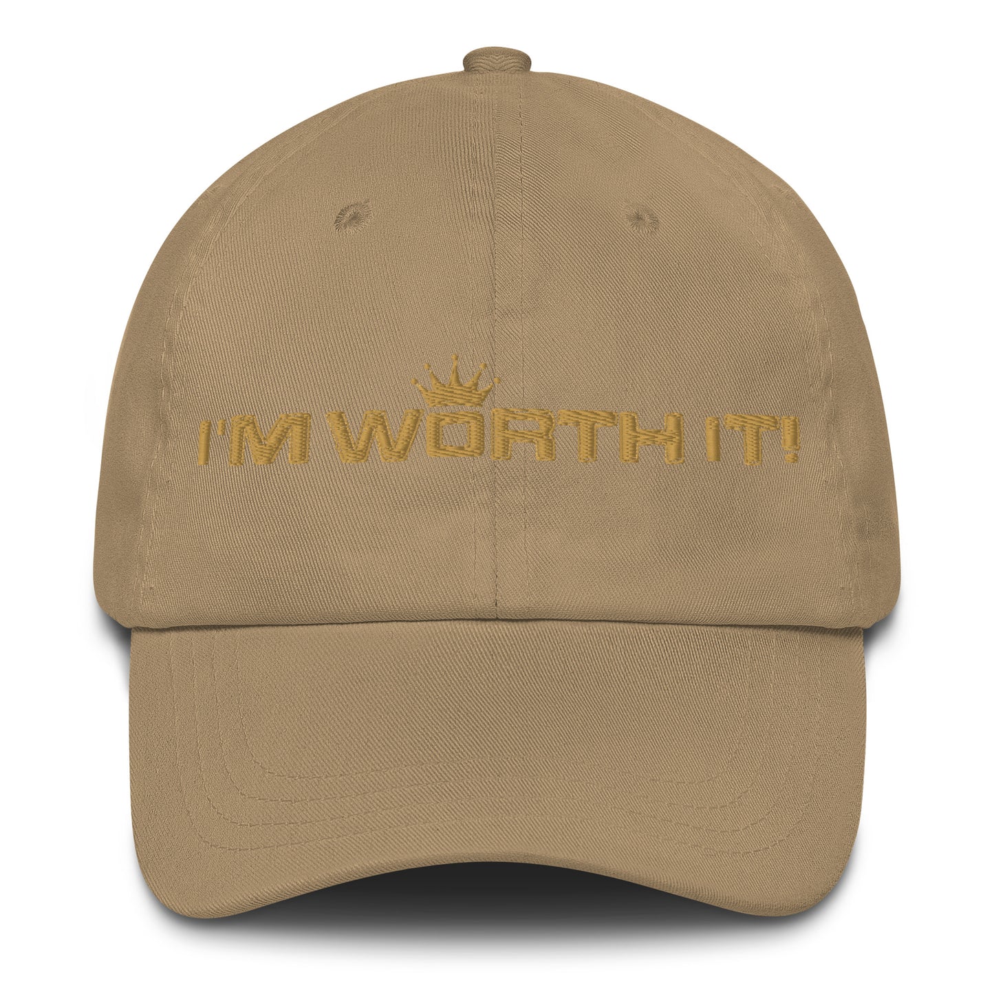 Khaki embroidered “I’m Worth It” hat from One Believer — minimalist Christian cap symbolizing faith, confidence, and self-worth.