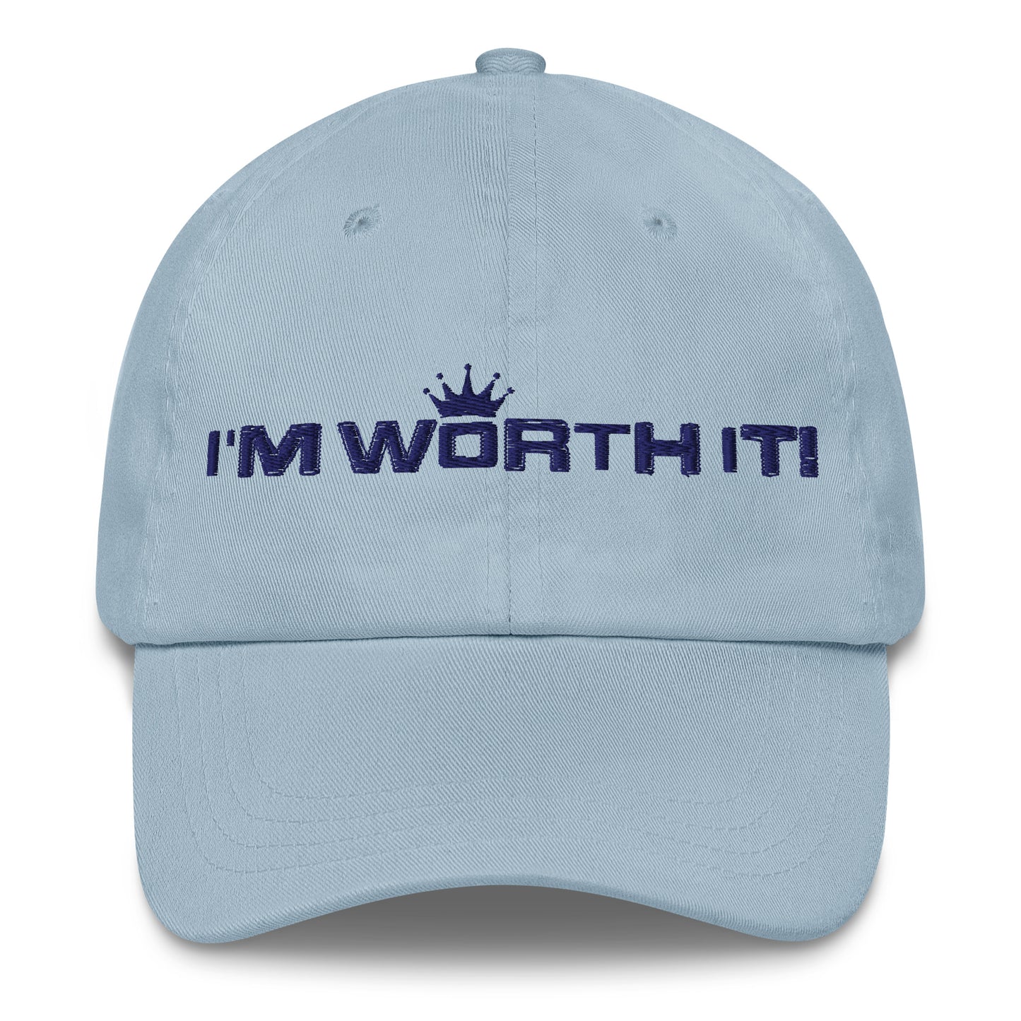 Light Blue embroidered “I’m Worth It” hat from One Believer — minimalist Christian cap symbolizing faith, confidence, and self-worth.