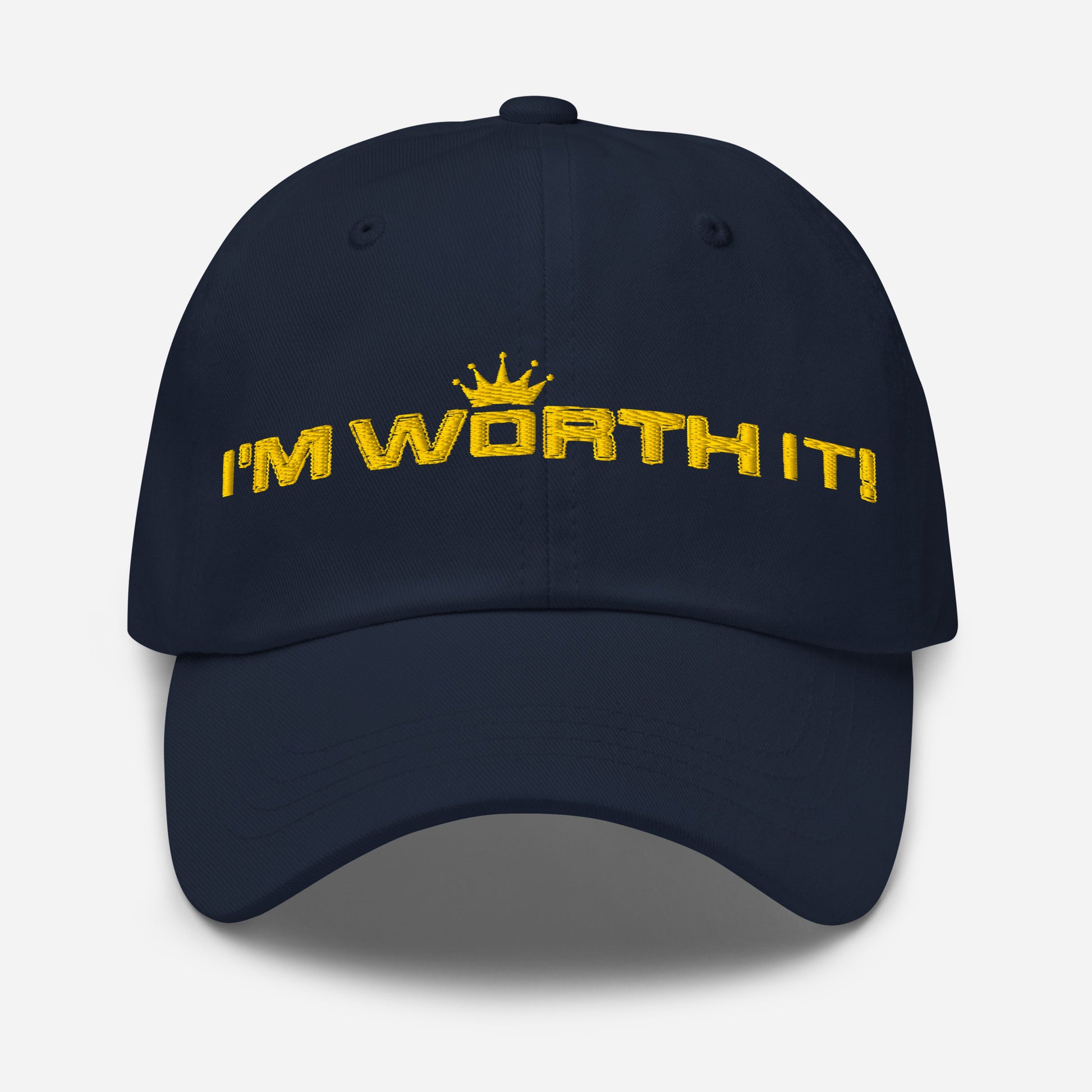 Navy embroidered “I’m Worth It” hat from One Believer — minimalist Christian cap symbolizing faith, confidence, and self-worth.