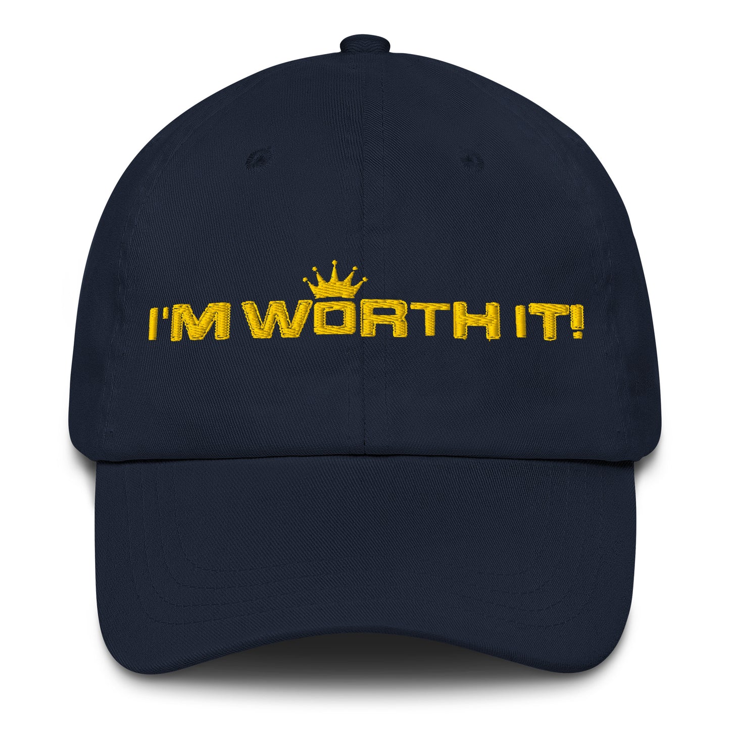 Navy embroidered “I’m Worth It” hat from One Believer — minimalist Christian cap symbolizing faith, confidence, and self-worth.