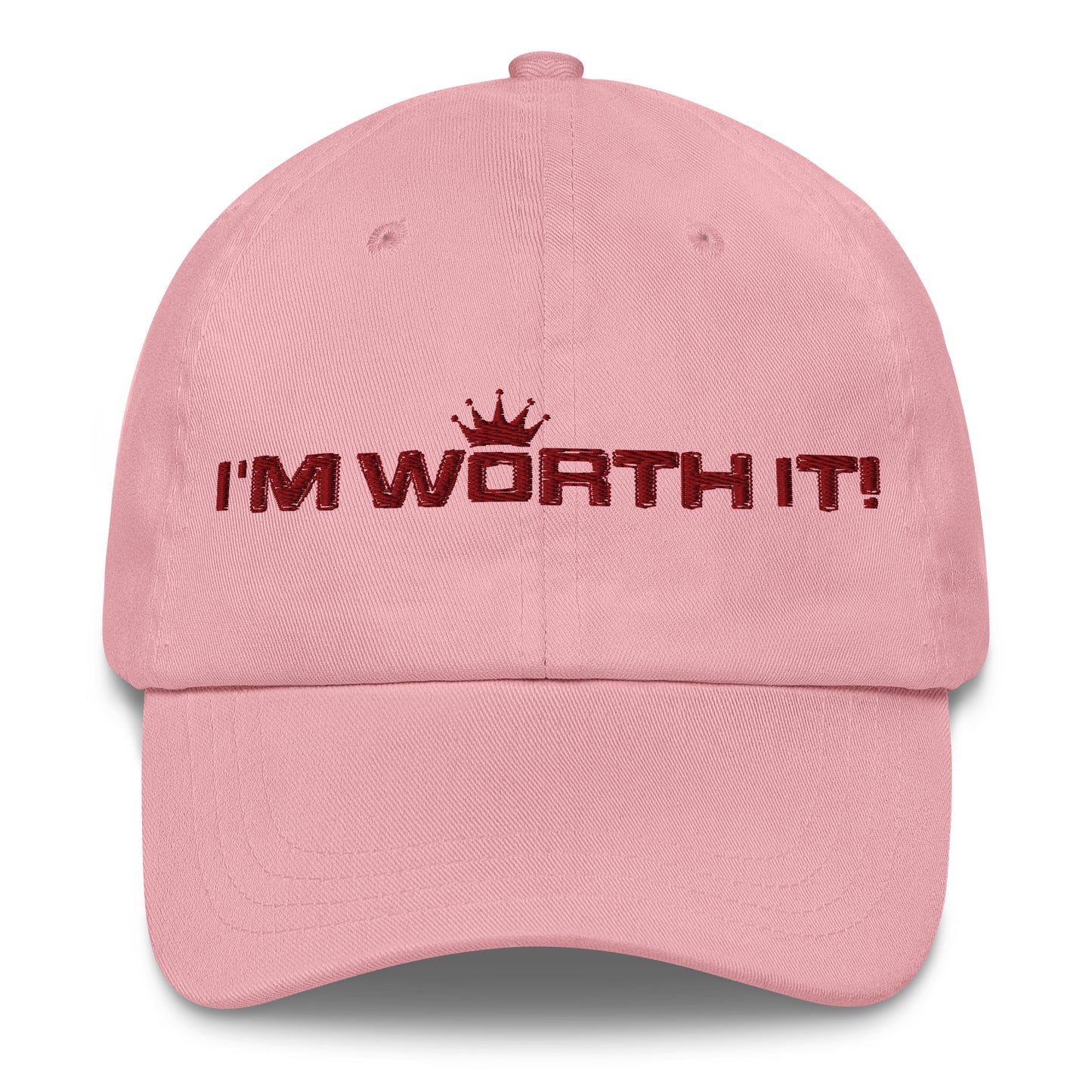 Pink embroidered “I’m Worth It” hat from One Believer — minimalist Christian cap symbolizing faith, confidence, and self-worth.