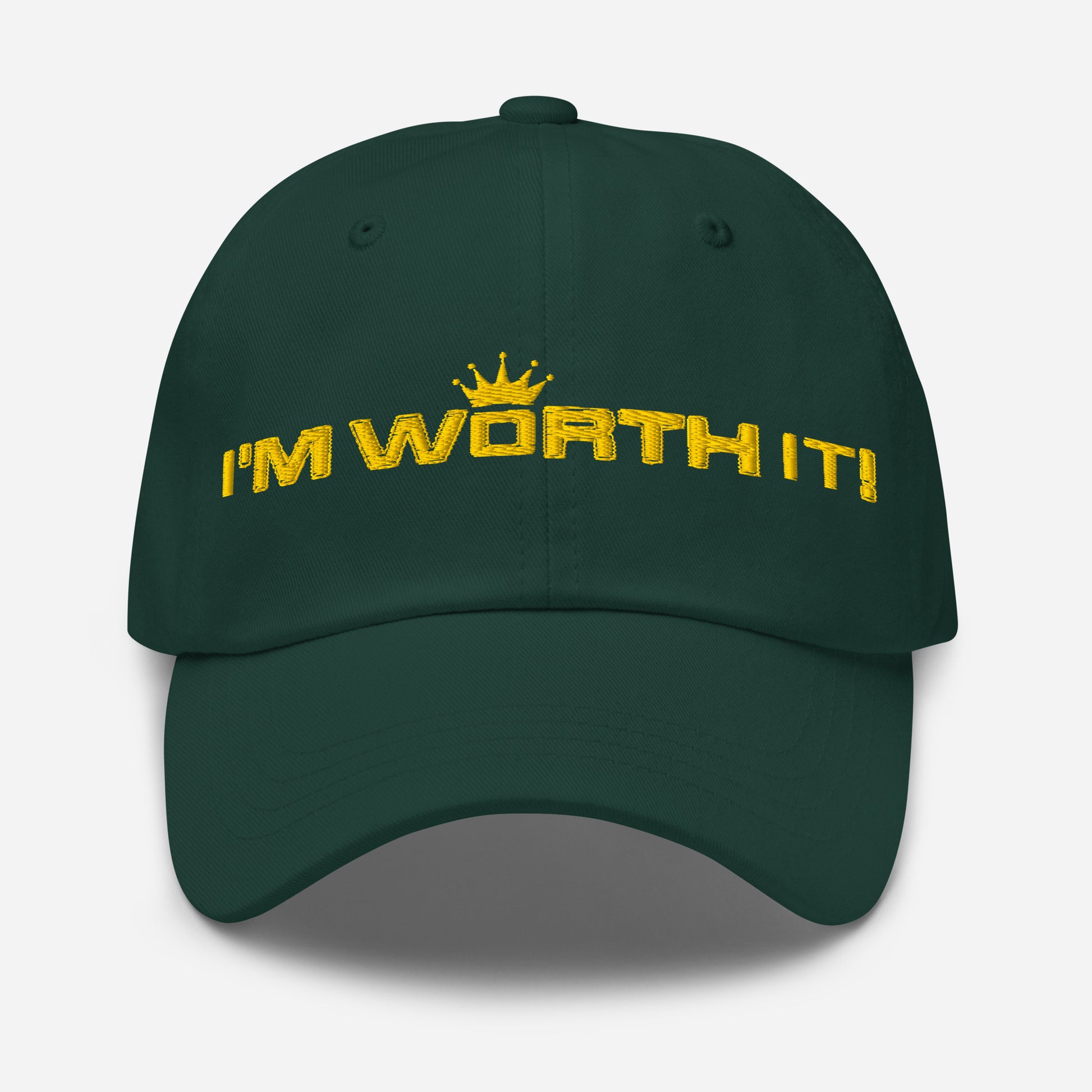 Spruce embroidered “I’m Worth It” hat from One Believer — minimalist Christian cap symbolizing faith, confidence, and self-worth.