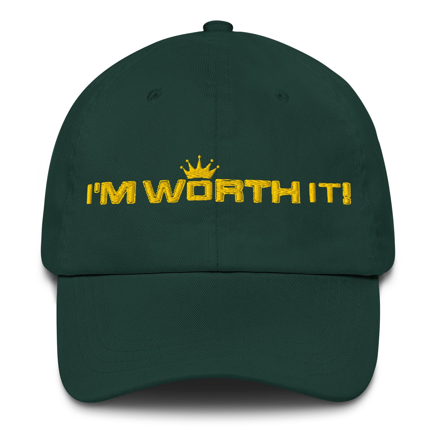 Spruce embroidered “I’m Worth It” hat from One Believer — minimalist Christian cap symbolizing faith, confidence, and self-worth.