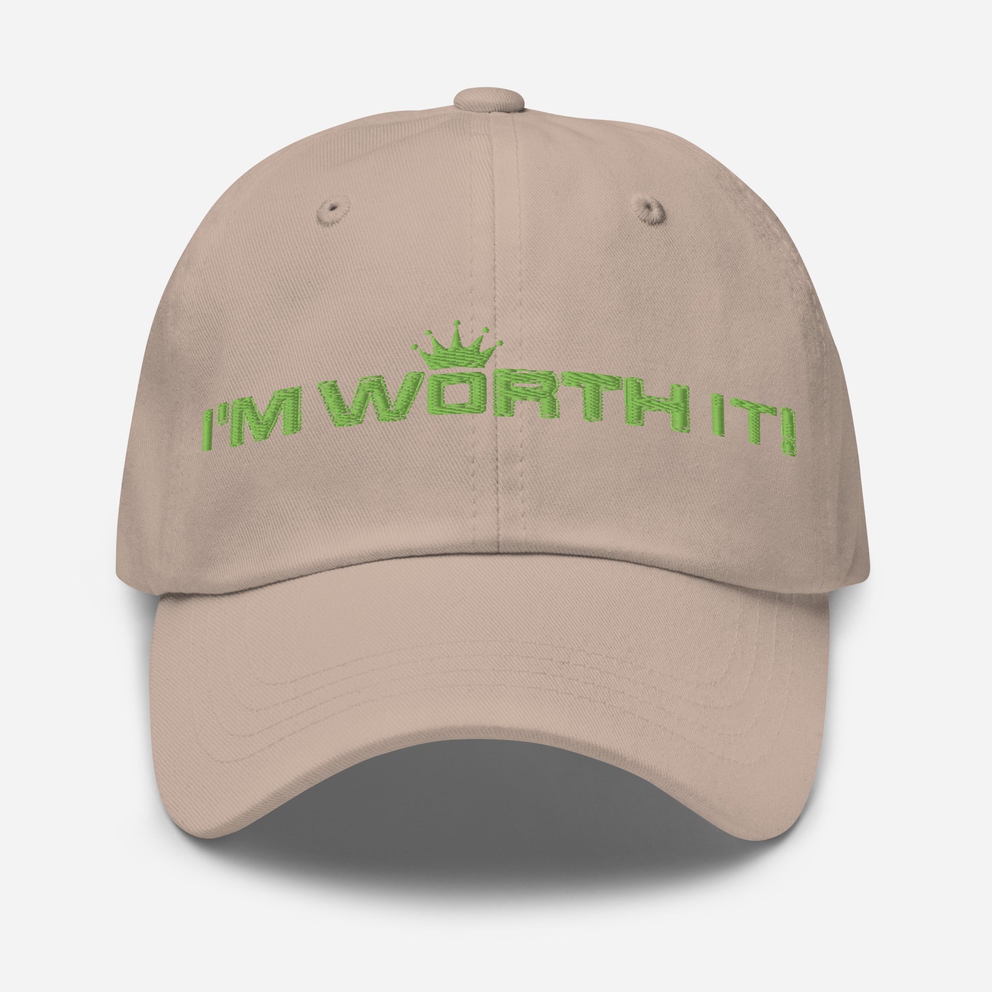 Stone embroidered “I’m Worth It” hat from One Believer — minimalist Christian cap symbolizing faith, confidence, and self-worth.