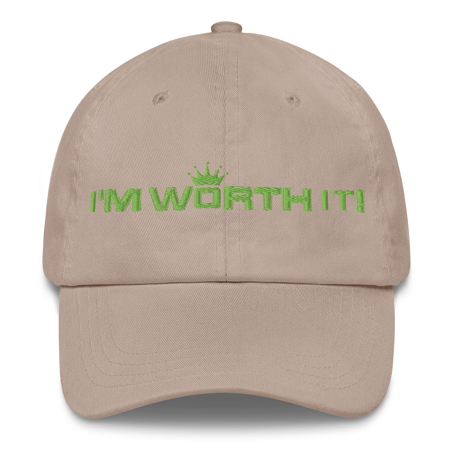 Stone embroidered “I’m Worth It” hat from One Believer — minimalist Christian cap symbolizing faith, confidence, and self-worth.