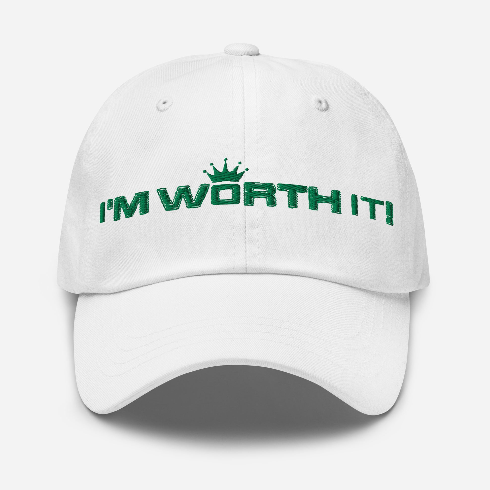 White embroidered “I’m Worth It” hat from One Believer — minimalist Christian cap symbolizing faith, confidence, and self-worth.