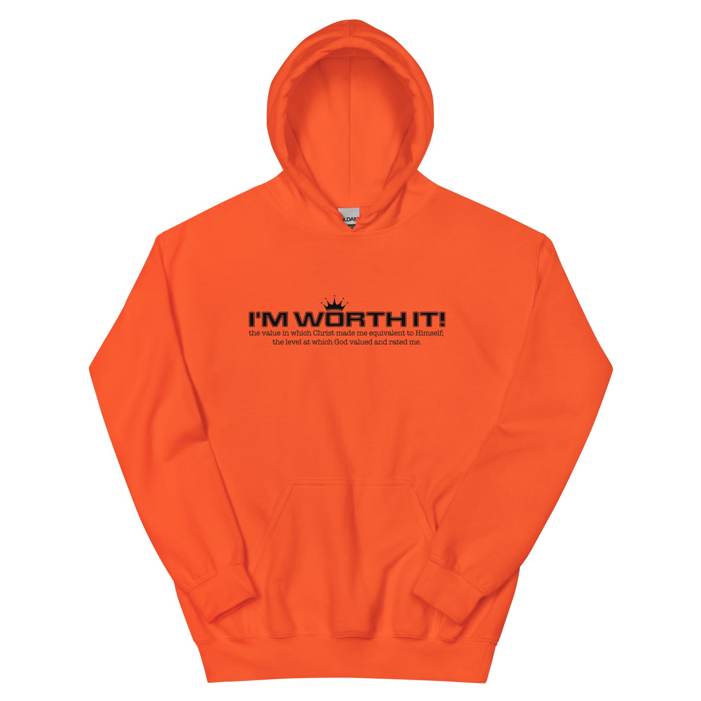 Unisex “I’m Worth It” hoodie in orange from One Believer — bold Christian streetwear reminding believers of their God-given worth.