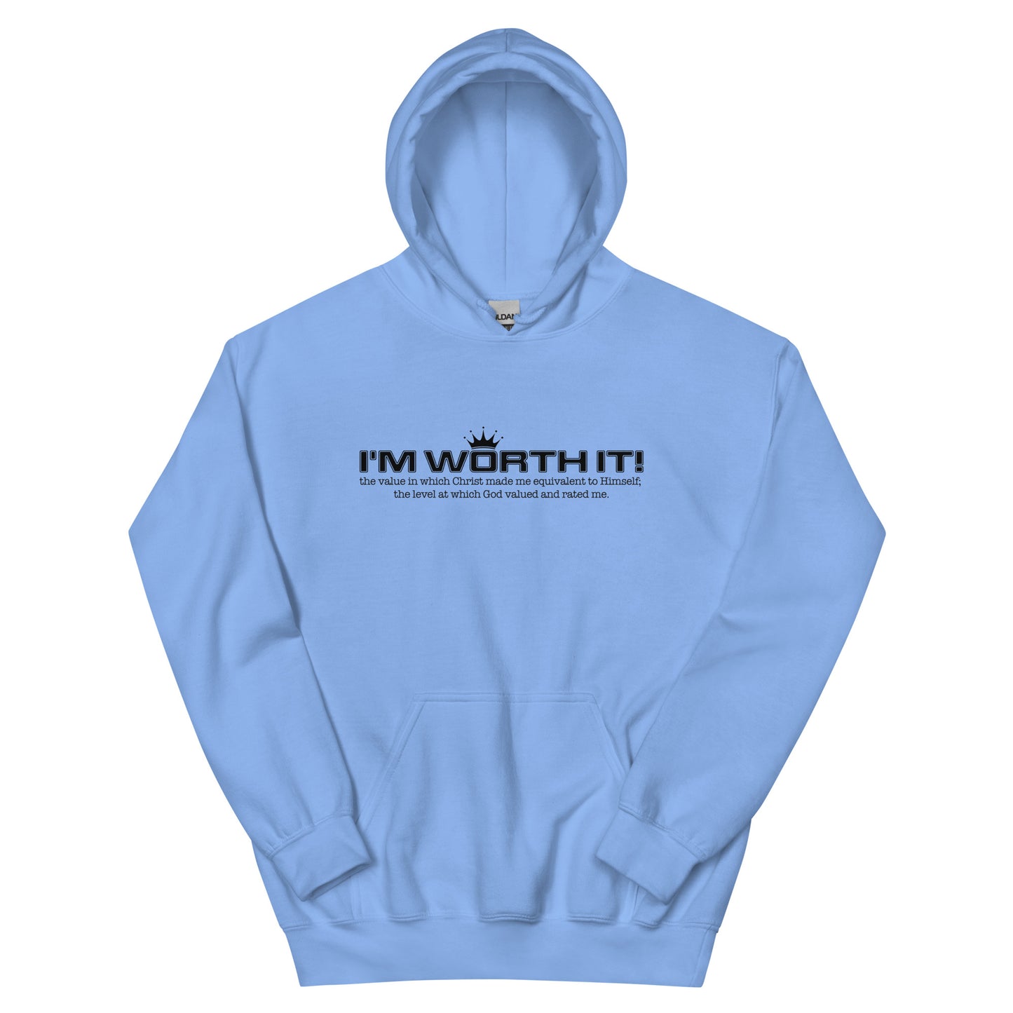 Unisex “I’m Worth It” hoodie in carolina blue from One Believer — bold Christian streetwear reminding believers of their God-given worth.