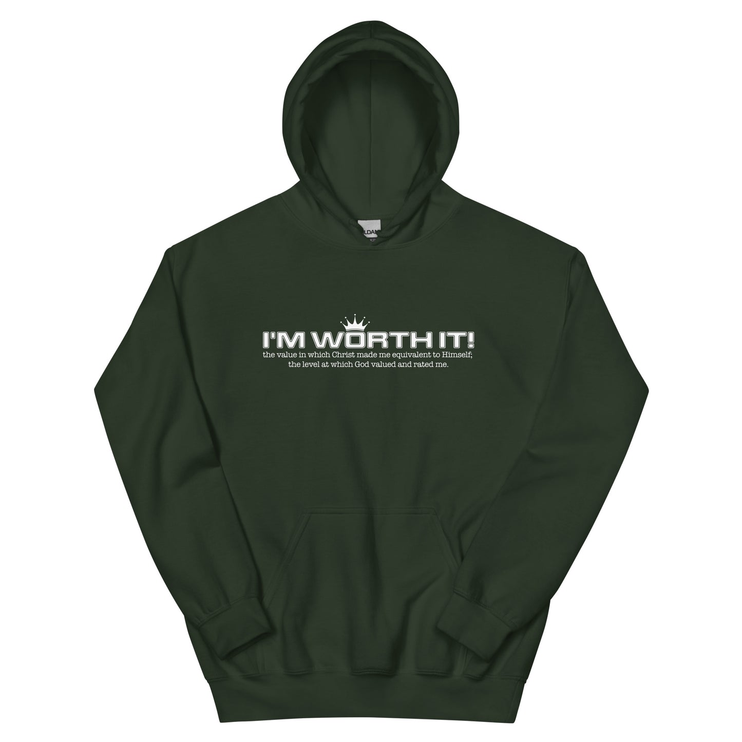 Unisex “I’m Worth It” hoodie in forest green from One Believer — bold Christian streetwear reminding believers of their God-given worth.