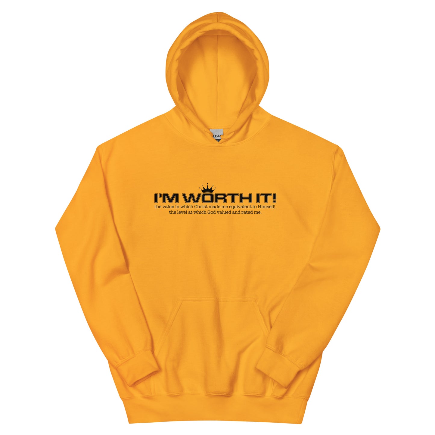 Unisex “I’m Worth It” hoodie in gold from One Believer — bold Christian streetwear reminding believers of their God-given worth.
