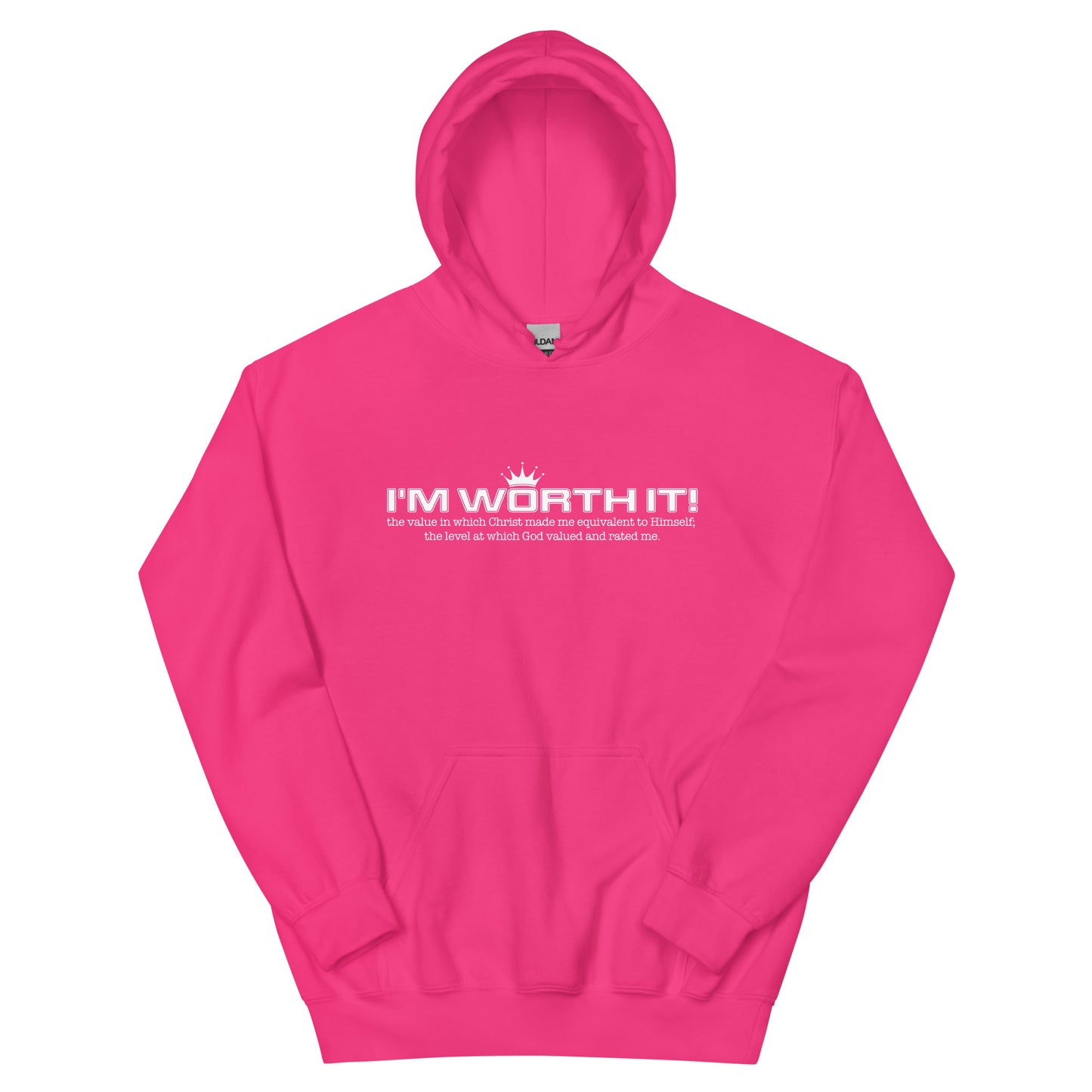 Unisex “I’m Worth It” hoodie in heliconia from One Believer — bold Christian streetwear reminding believers of their God-given worth.