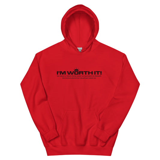Unisex “I’m Worth It” hoodie in red from One Believer — bold Christian streetwear reminding believers of their God-given worth.