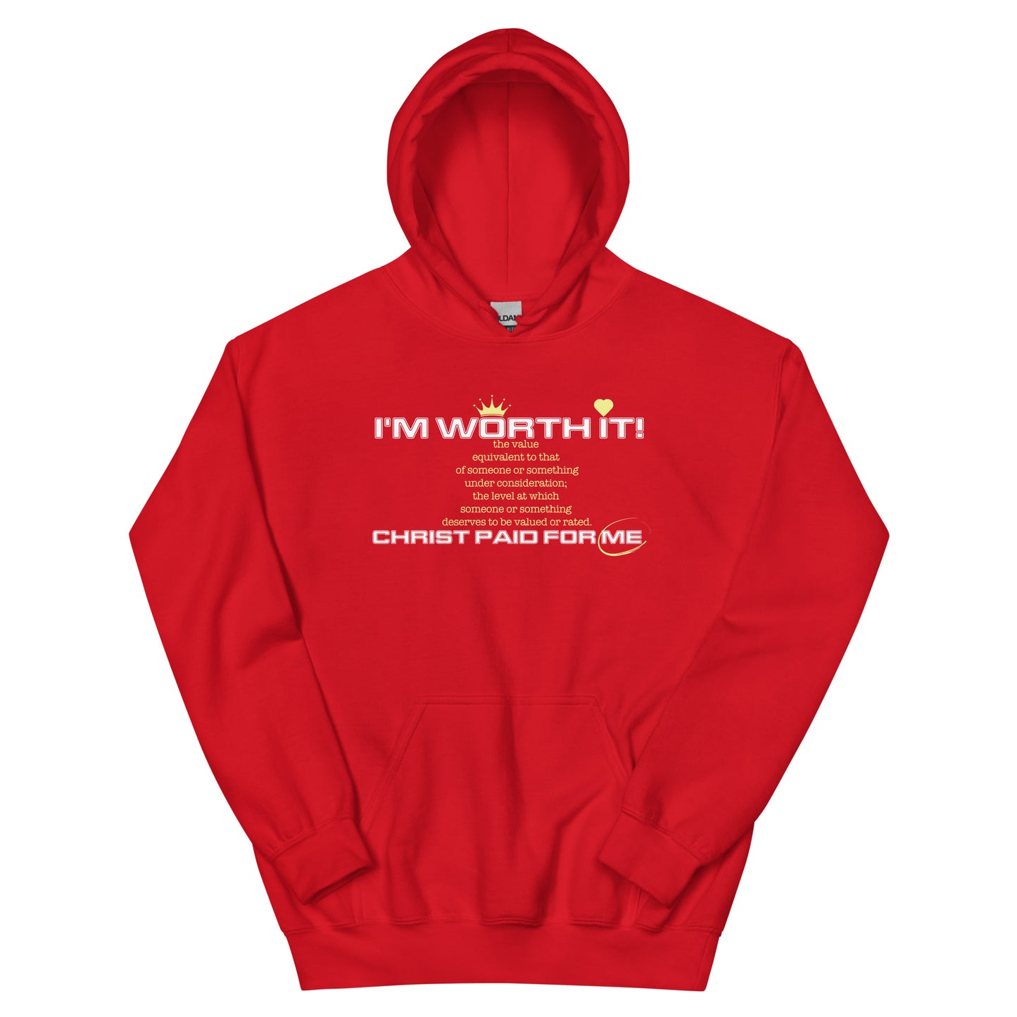 Unisex “I’m Worth It” hoodie in red from One Believer — bold Christian streetwear reminding believers of their God-given worth.