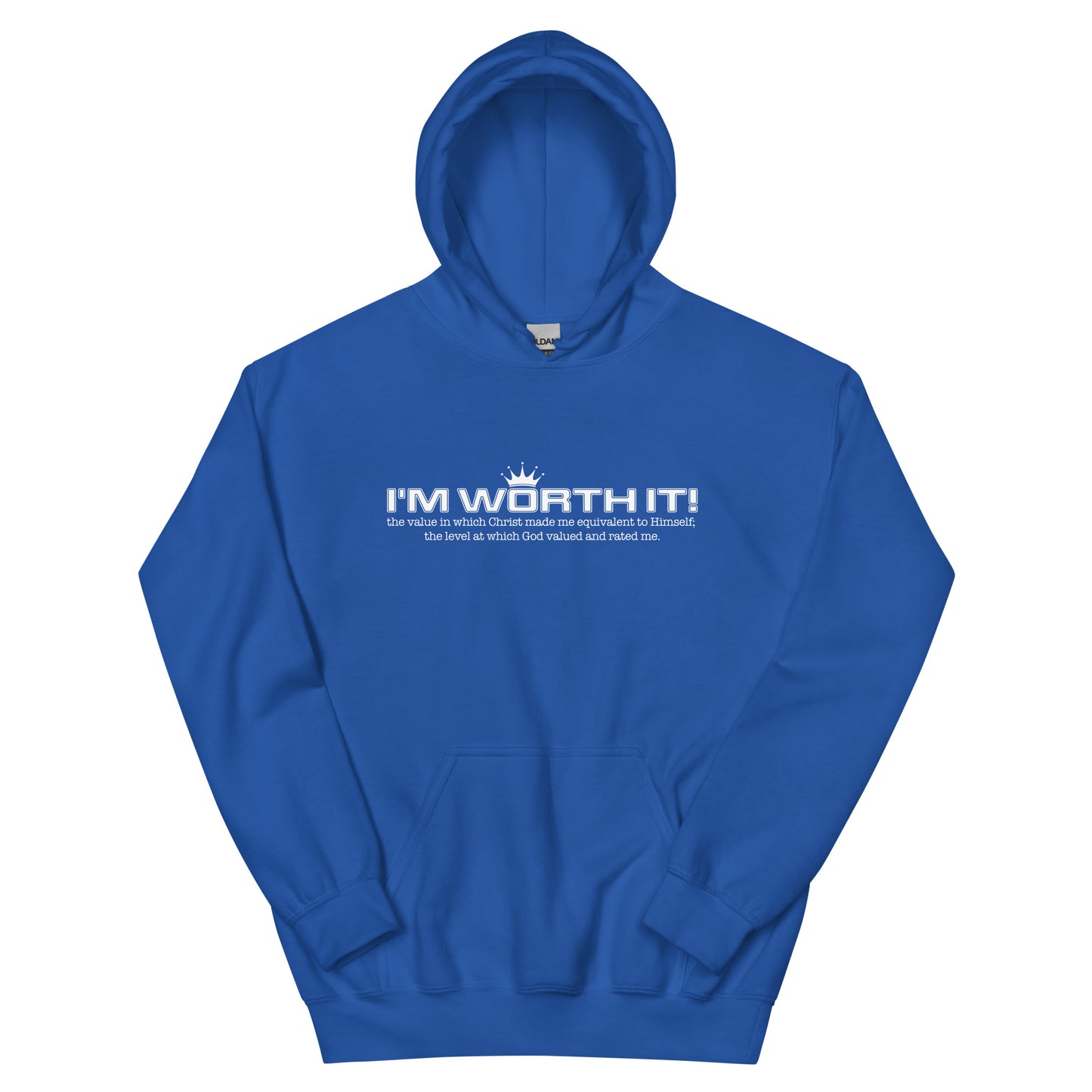 Unisex “I’m Worth It” hoodie in royal from One Believer — bold Christian streetwear reminding believers of their God-given worth.