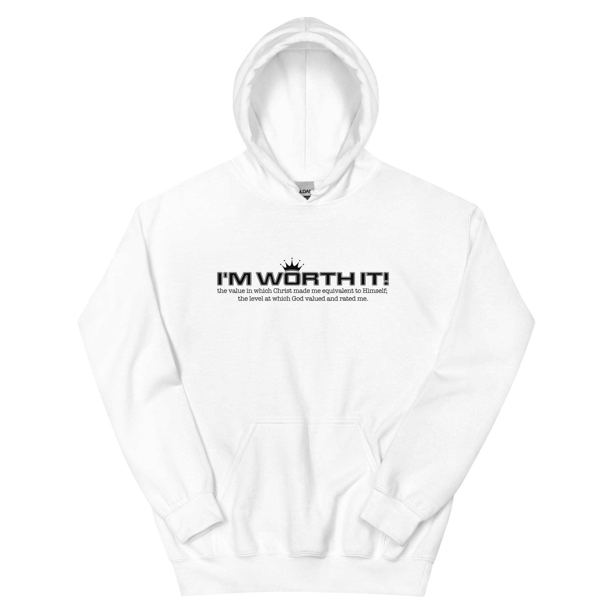 Unisex “I’m Worth It” hoodie in white from One Believer — bold Christian streetwear reminding believers of their God-given worth.