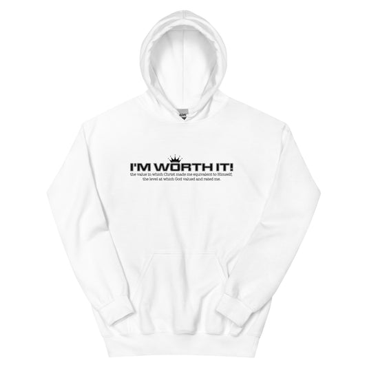 Unisex “I’m Worth It” hoodie in white from One Believer — bold Christian streetwear reminding believers of their God-given worth.