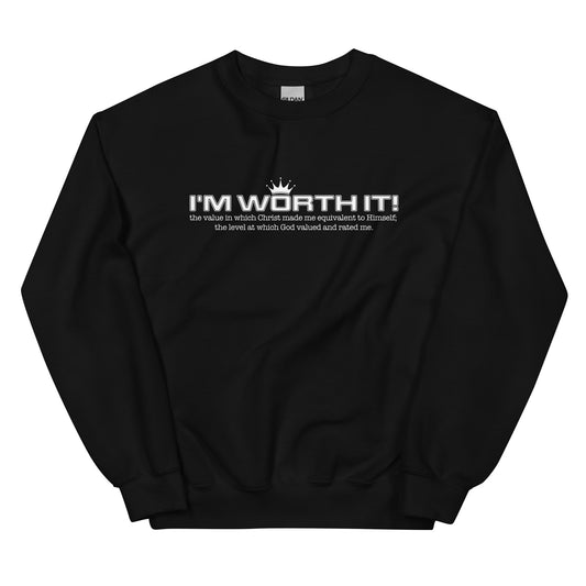 Unisex “I’m Worth It” sweatshirt in black from One Believer — bold Christian streetwear reminding believers of their God-given worth. 