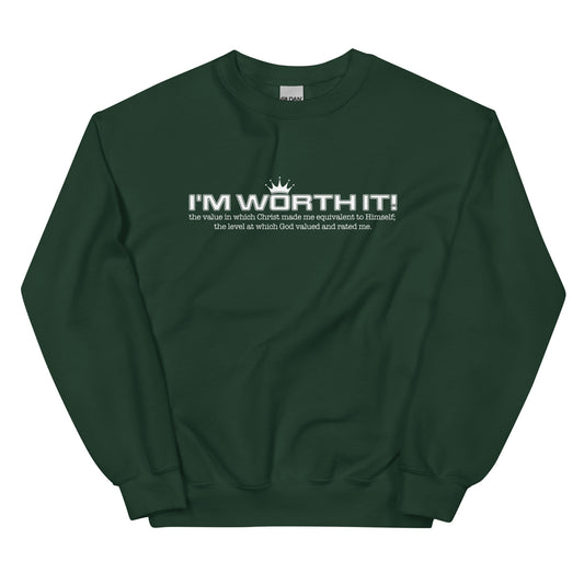 Unisex “I’m Worth It” sweatshirt in forest green from One Believer — bold Christian streetwear reminding believers of their God-given worth. 