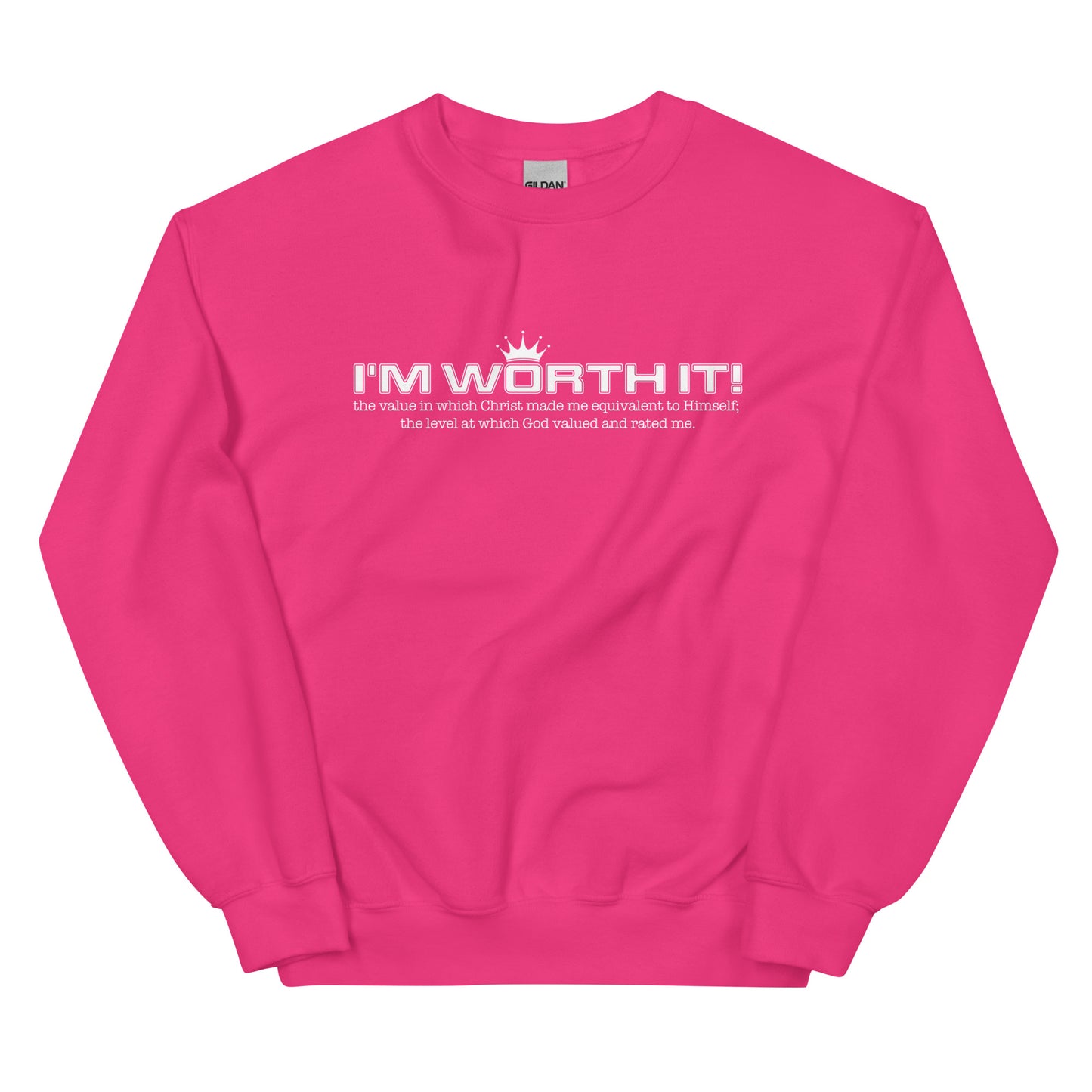Unisex “I’m Worth It” sweatshirt in heliconia from One Believer — bold Christian streetwear reminding believers of their God-given worth.