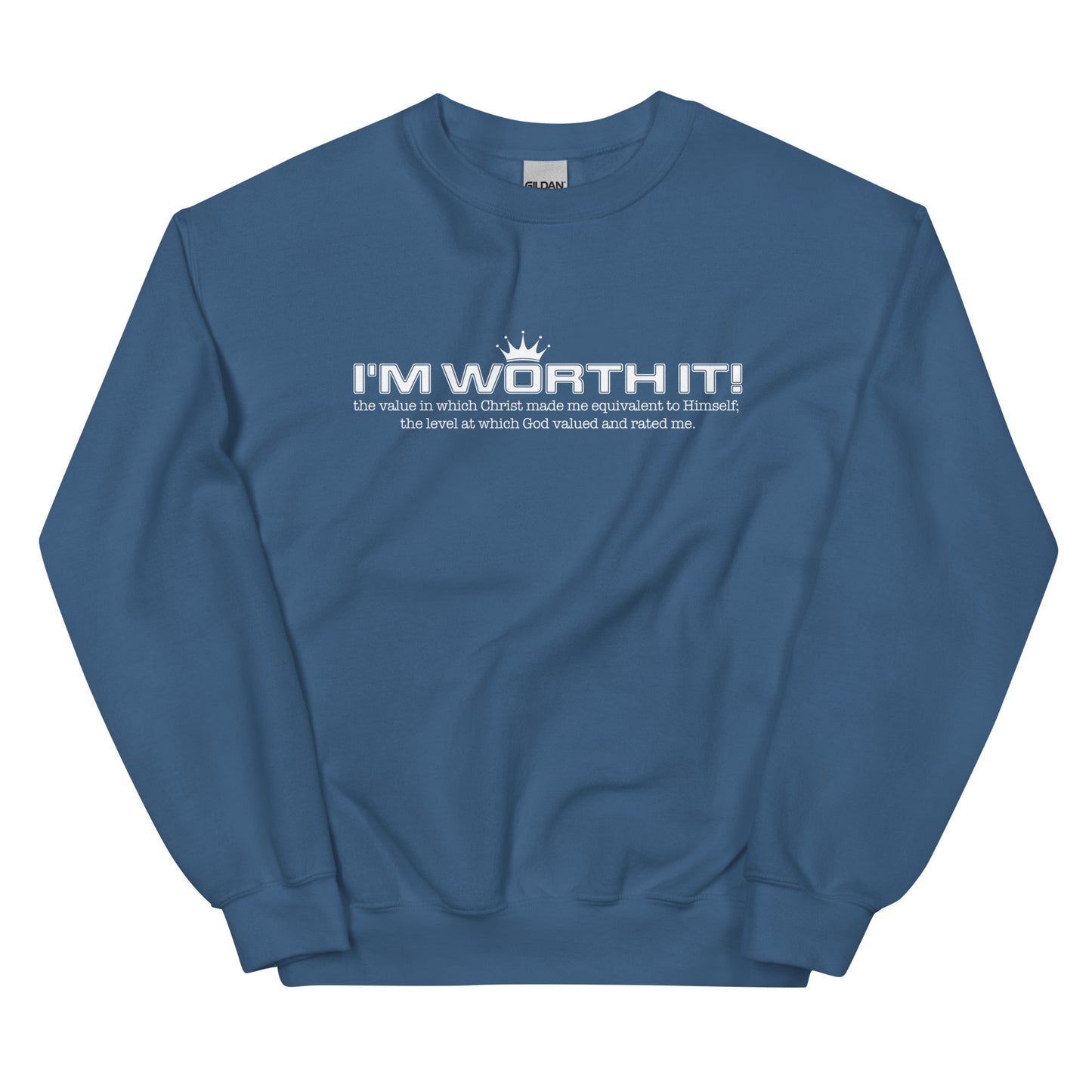 Unisex “I’m Worth It” sweatshirt in indigo blue from One Believer — bold Christian streetwear reminding believers of their God-given worth. 