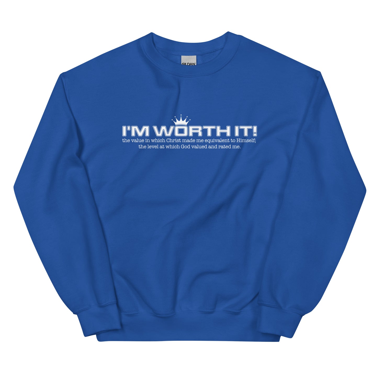 Unisex “I’m Worth It” sweatshirt in royal blue from One Believer — bold Christian streetwear reminding believers of their God-given worth. 