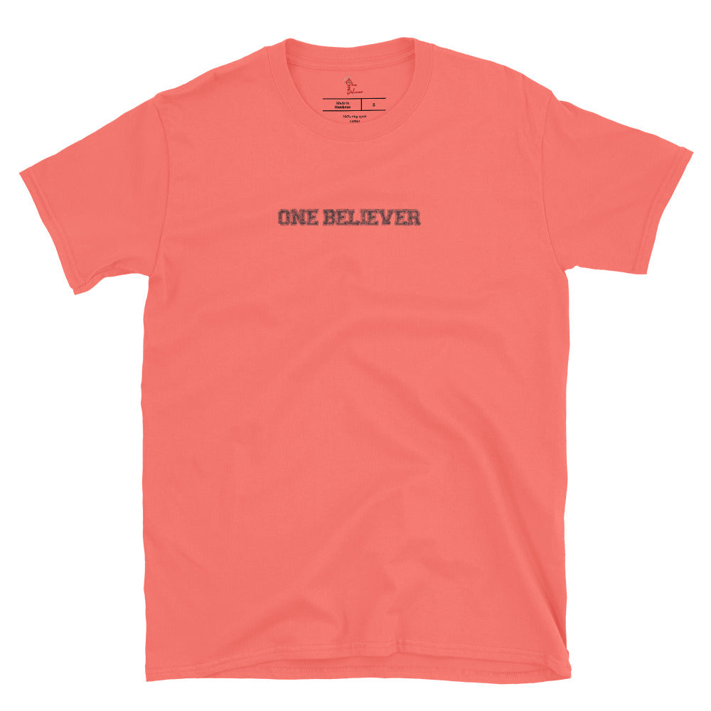 Unisex “I’m Worth It” t-shirt in coral silk front from One Believer — faith-inspired tee affirming confidence, purpose, and divine value.