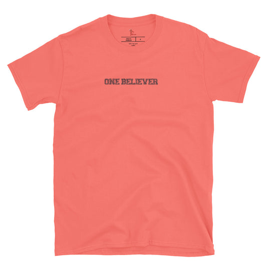 Unisex “I’m Worth It” t-shirt in coral silk front from One Believer — faith-inspired tee affirming confidence, purpose, and divine value.