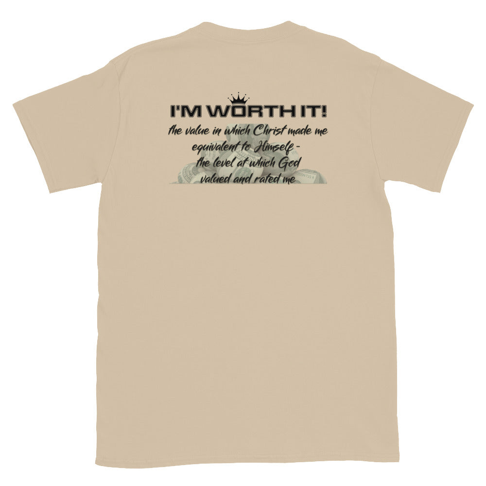 Unisex “I’m Worth It” t-shirt in sand back from One Believer — faith-inspired tee affirming confidence, purpose, and divine value.